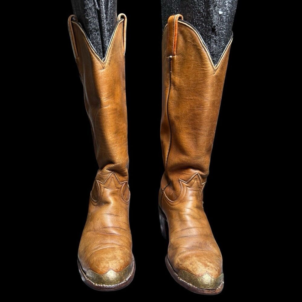Tony Lama #7458 Vintage Tall Gold Label Brown Cowgirl Boots Brass Tip Size 6.5 A